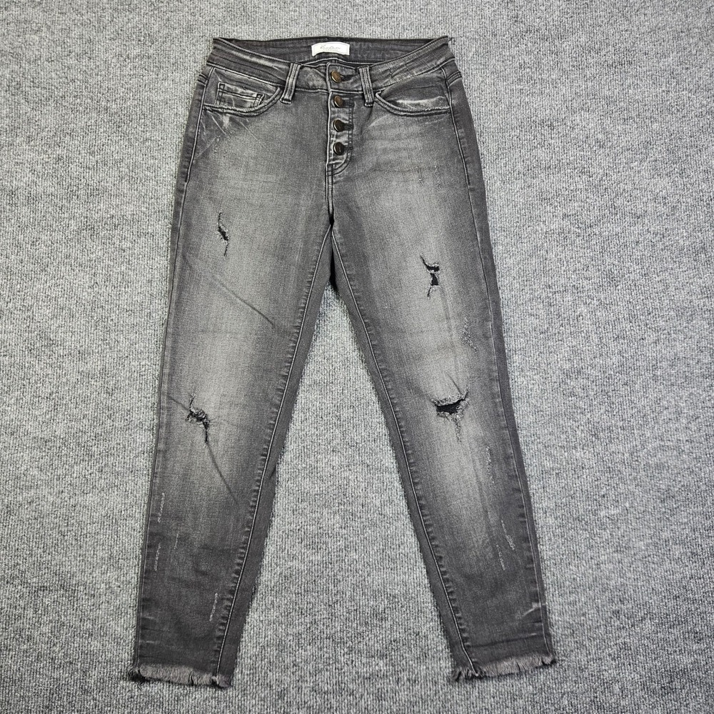 KanCan Mid Rise Ankle Skinny Jeans Women 26 Black Distressed Button Fly Mid Rise